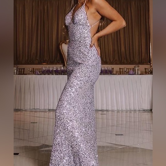 PURPLE/ SILVER SCALA SEQUIN OPEN BACK LONG PROM DRESS - Picture 1 of 5